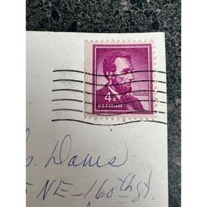 Abraham Lincoln 4 Cent Purple Stamp on Vintage Postcard 1958
